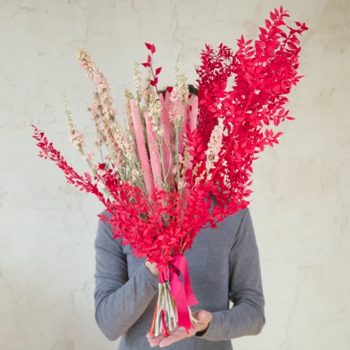 Mujer sostiene frente a su rostro el ramo de flores secas Eros, de ramas y flores en rojo intenso, sobre fondo rosado